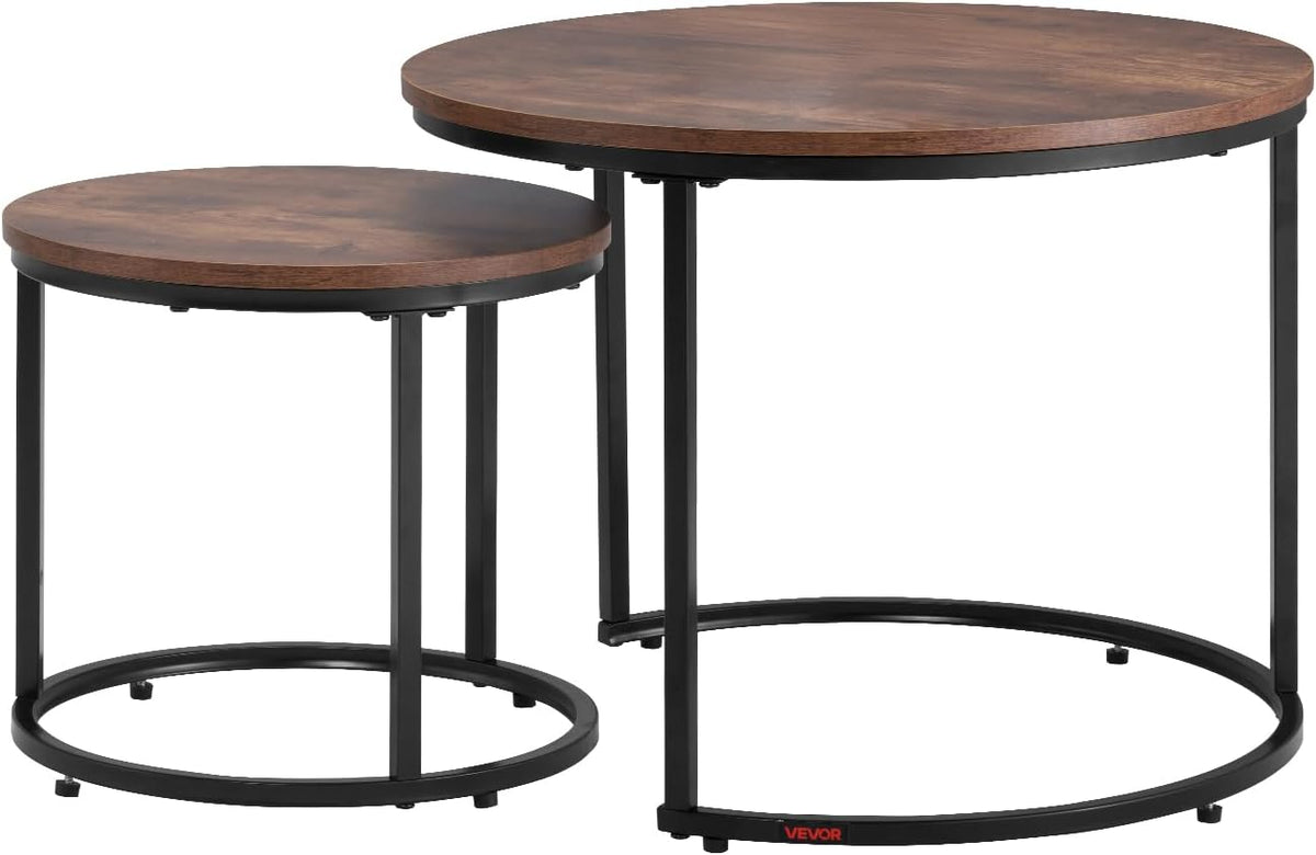 VEVOR Nesting Tables, Coffee Table Set of 2, 23.6 inch Round Coffee Table, Small Coffee Tables Night Stand with Metal Frame, for Living Room, Bedroom, Office (Brown & Black)