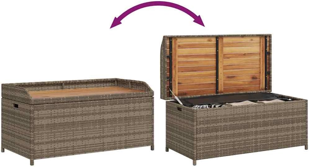 Poly Rattan Outdoor Storage Bench with Gas Spring Lid, Water-Resistant Acacia Wood Seat, Ample Space for Cushions and Tools, Grey and Brown