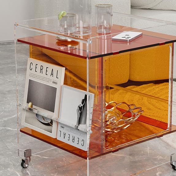Transparent Acrylic Mobile Side Table with Wheels - Multifunctional Storage & Stylish Home Decor (Orange)