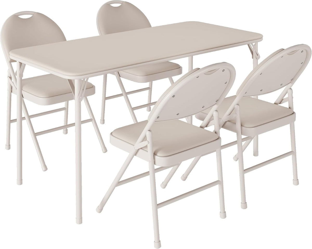 coucheta 5-Piece Rectangle Folding Table and Chairs Set, Foldable Portable Card Table and Chairs, Scratch & Stain Resistant Tabletop, for Dining Room, Living Room, Office, Camping, Gatherings, Beige
