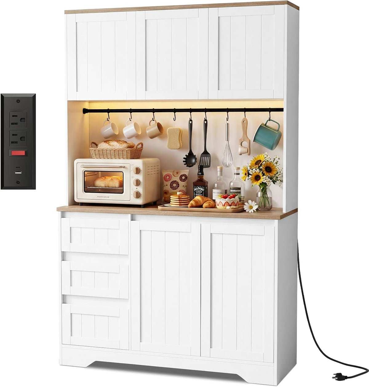 70.8" Tall Pantry Cabinet with LED & Charging Station, Freestanding White Kitchen Storage Cabinet with Spacious Countertop, Adjustable Shelves and Door Side Racks for Dining Living Room