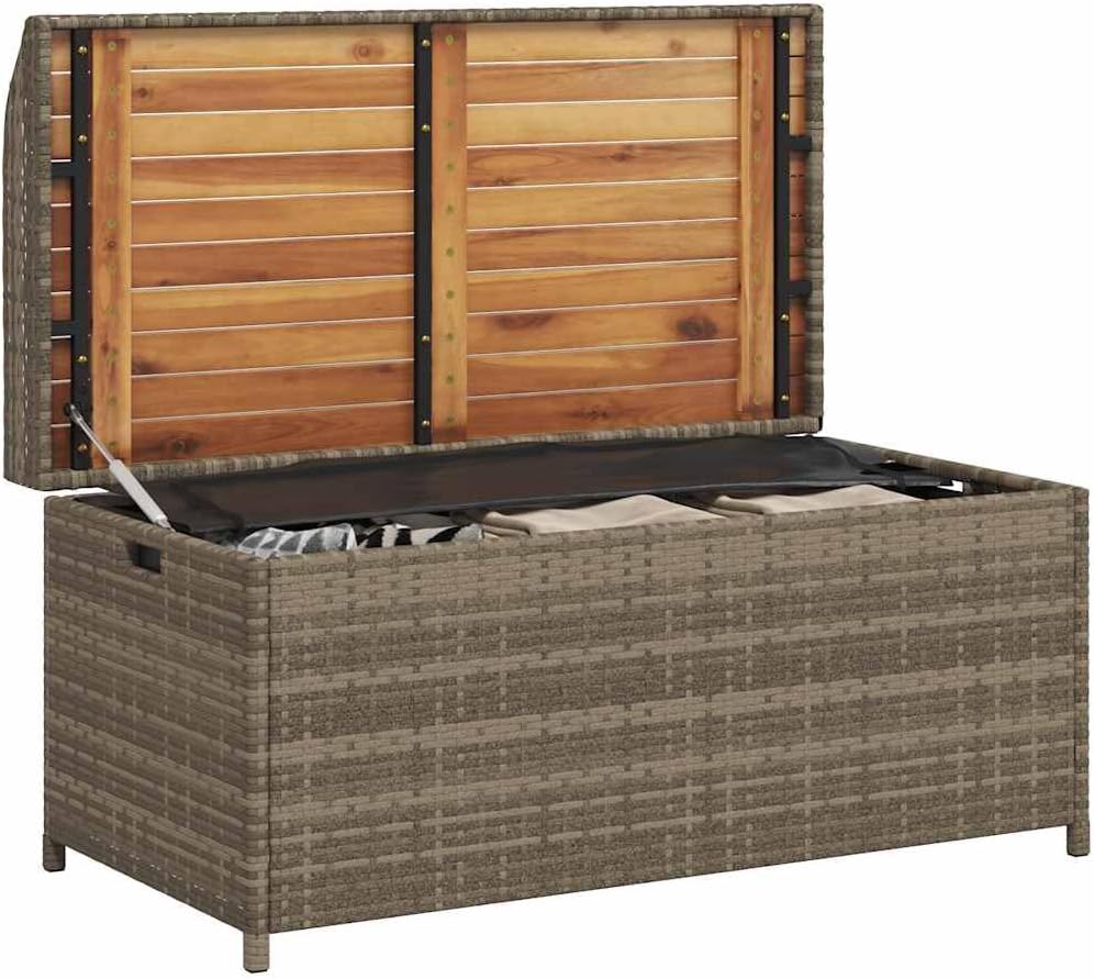 Outdoor Storage Bench with Gas Spring Lid, Patio Deck Box with Seating for 2, Poly Rattan and Acacia Wood Garden Storage Bench, Grey