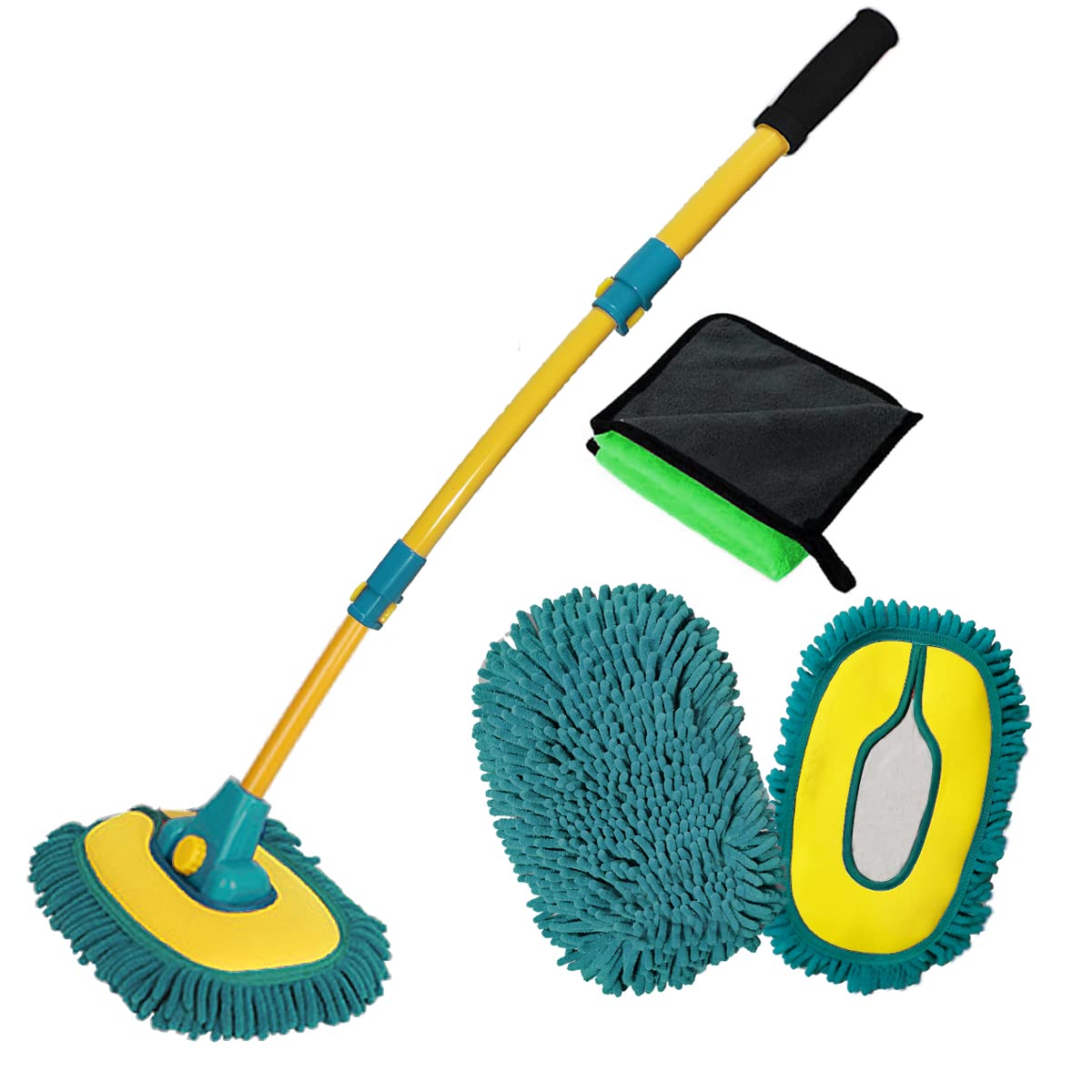 Car Wash Brush with Long Handle, Car Wash Mop Mitt with 2 Replacement Head , Extension Pole Car Brush Cleaning Kit for Cars Truc