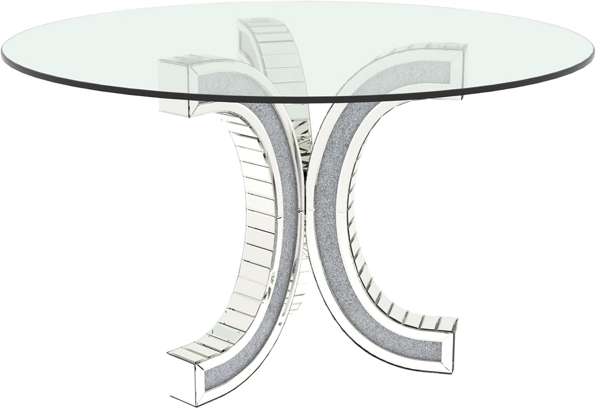 52" Round Glass Pedestal Dining Table with Tempered Glass Top, Mirrored Base with Crushed Diamonds, Modern Centerpiece