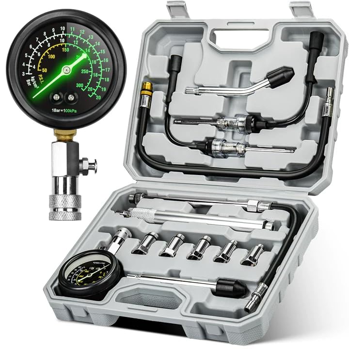 AUTOWN Professional Compression Tester Kit with Fluorescent Gauge - 300 PSI Triple-Scale, 2 Spark Plug Testers, 13-Piece Set for