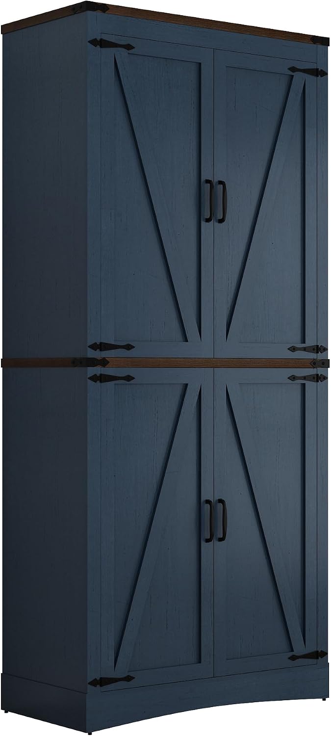 71in Farmhouse Kitchen Pantry Cabinet,Tall Storage Cabinet with 4 Doors and Adjustable shelves,with Load-Bearing Steel Pipe,Wood Storage Cabinets for Kitchen,Dining Room,Bathroom(Rustic Blue)