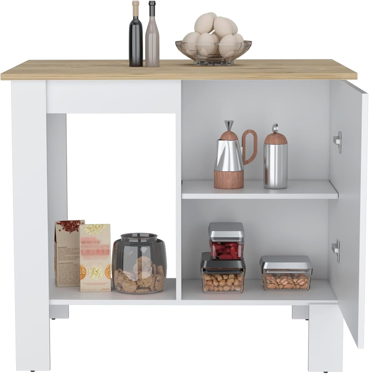 Kitchen Island, Single Door Cabinet, Shelf White/Macadamia | Includes two internal storage shelves for organized kitchen essentials