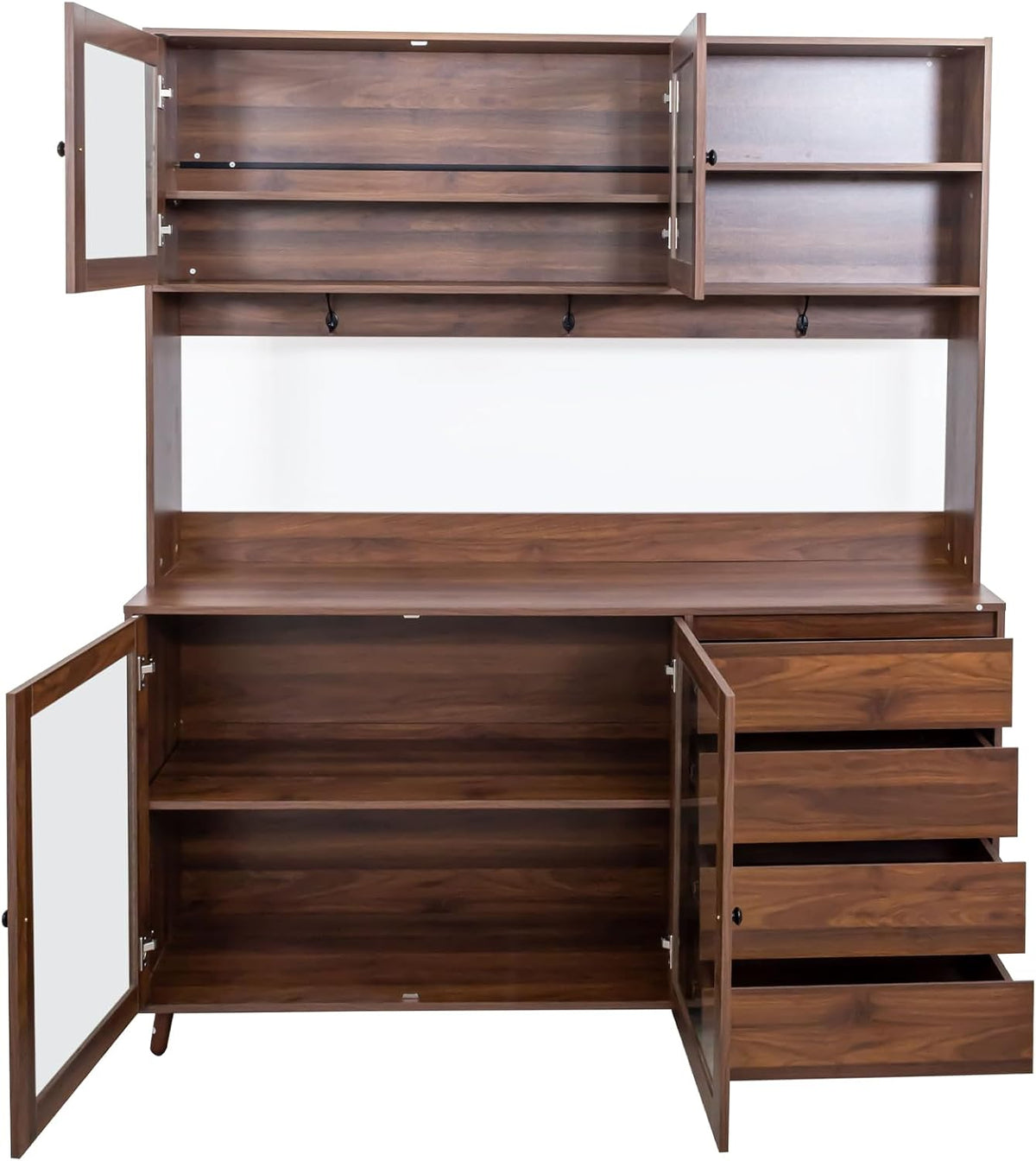 63" W Large Kitchen Hutch Cabinet,Freestanding Pantry Cabinets Storage Kitchen Cupboard with 4 Doors,4 Drawers and Microwave Shelf,Walnut