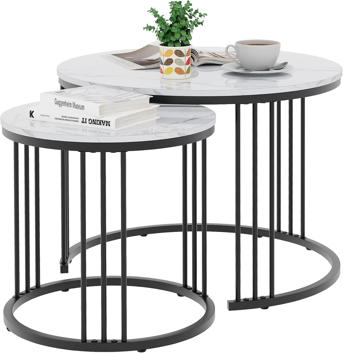 Garden 4 you Coffee Table Faux Marble Nesting Table for Small Place 2 Sets Modern Furniture Living Room Sets End Side Table Night Stand for Bed Room Dining Room (Black & White)