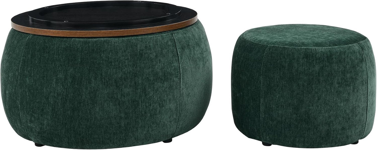 2Pcs Round Storage Ottoman, 2 in 1 Function, Work as End Table and Ottoman,Chenille Storage Ottoman with a Drum Shaped Small Stool Side Table for Living Room Bedroom Entryway Office (Green)