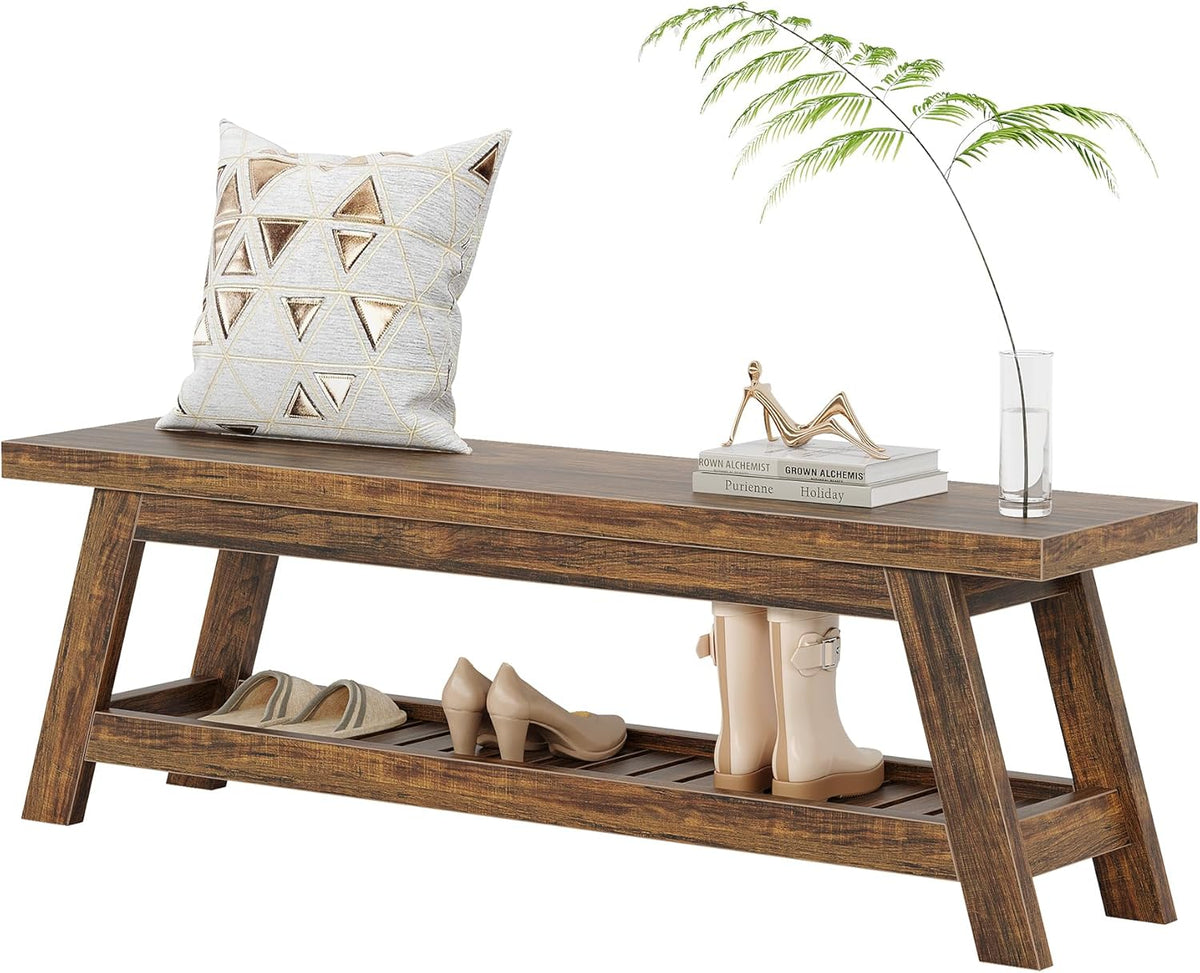 Tribesigns 55" Large Wood Entryway Bench with Shoe Storage, 2-Tier Rustic Brown Narrow Hallway Foyer Seating Bench with Open Shelves for Entryway, Bedroom, Mudroom