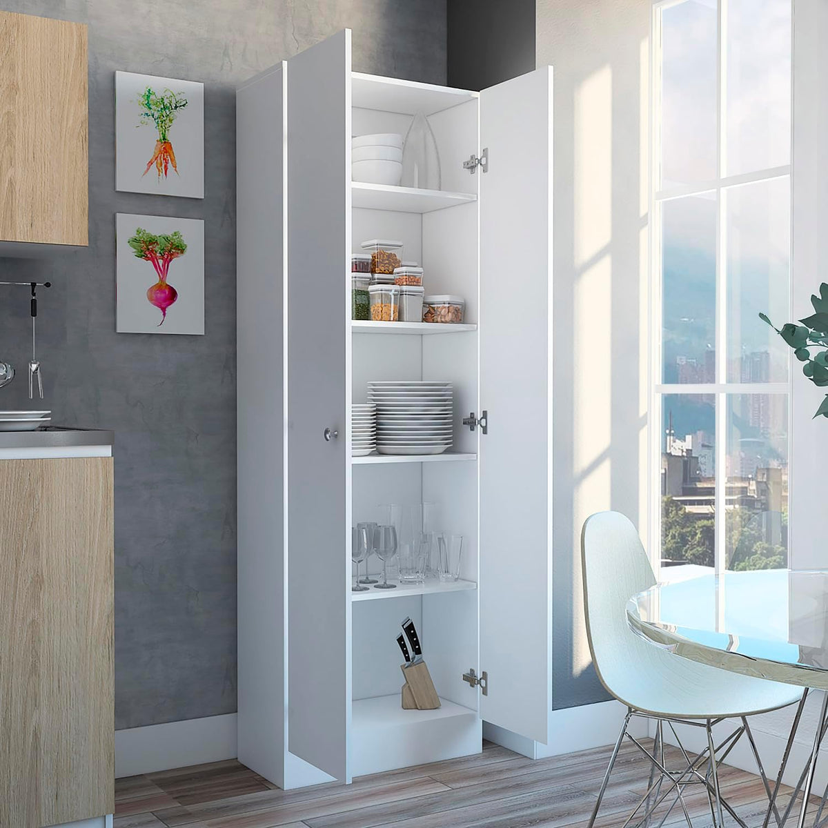 Multistorage Pantry Cabinet, Double Door, 5 Shelves, White