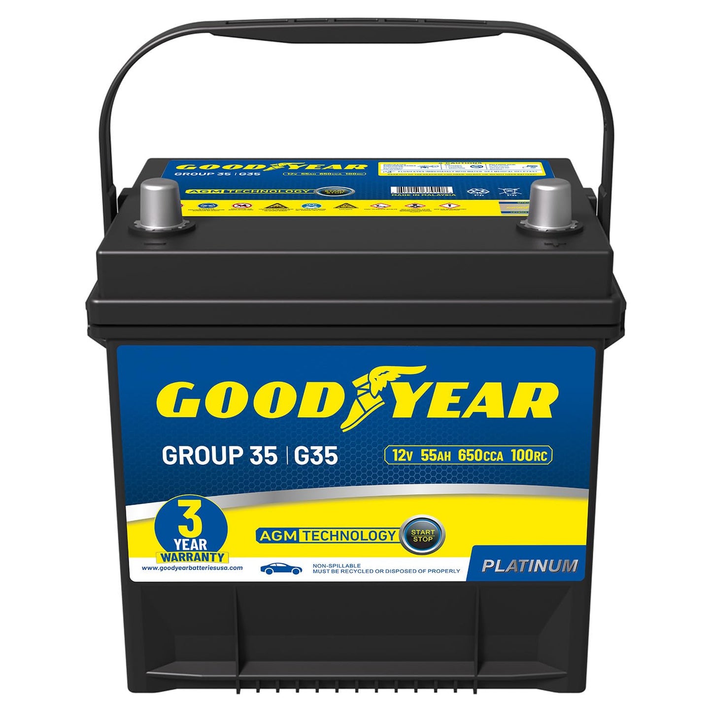 Goodyear 35-AGM BCI Group Size 35 12V 55 AH, 100RC, 650 CCA Platinum series Rechargeable AGM Maintenance Free Automotive Battery