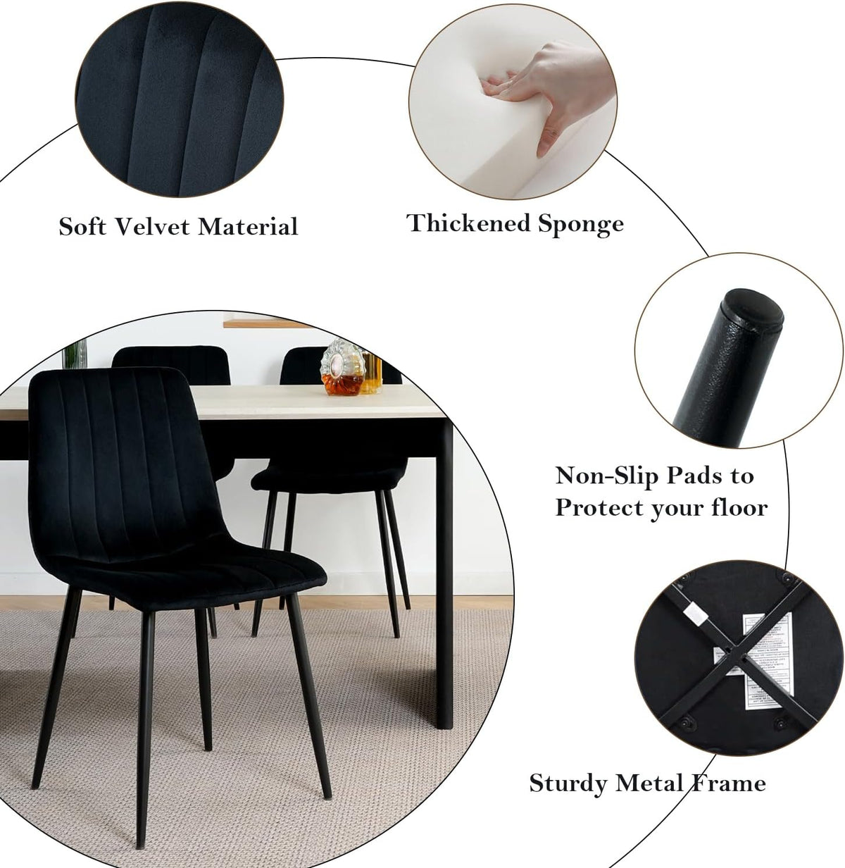5 Piece Circle Dining Table Set for 6, 47 Inch Wood Dining Table & Black Velvet Upholstered Chairs with Sturdy Black Metal Legs, Round Kitchen Table Set for Kitchen Dining Room, Living Room