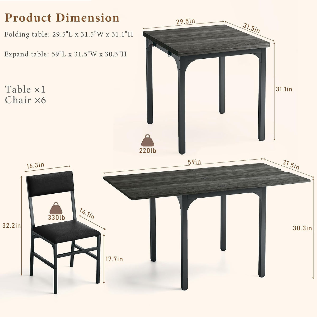 7-Piece Dining Table Set for 4-6, Extendable Kitchen Table Cushion Chairs Set of 6 with 6 Chairs, Rectangle Dining Table with Metal Frame & MDF Board, Folding for Small Apartment Saving Space,Grey Oak