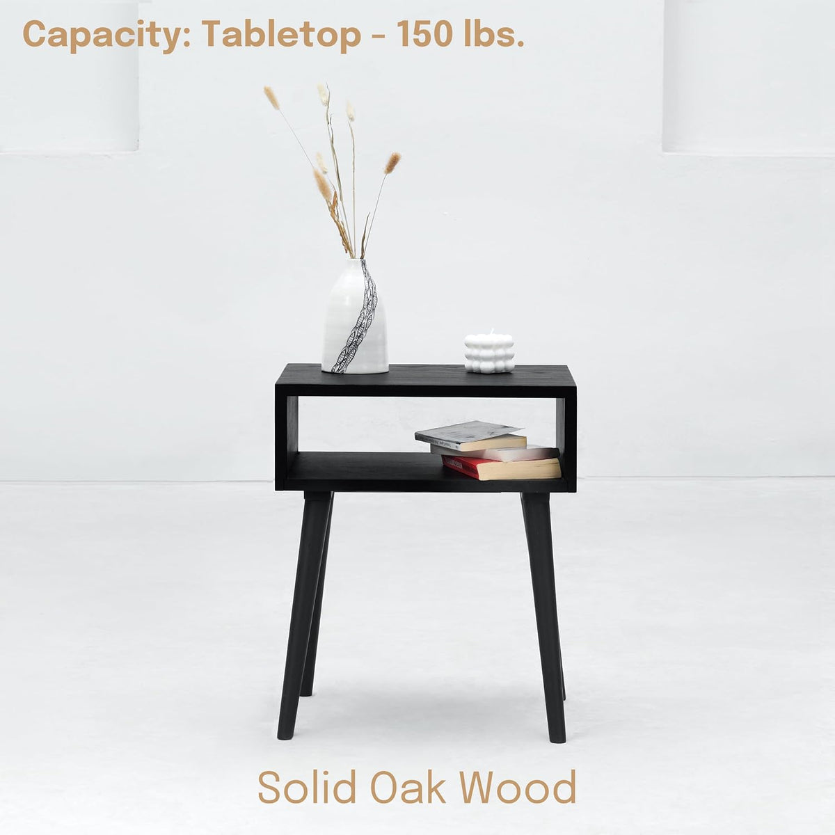 NTC Solid Oak Zoe Nightstand, Mid Century Modern Side Table Bedroom, Bedside Furniture, Night Stand, End Table, Easy Assembly - Burnt Black