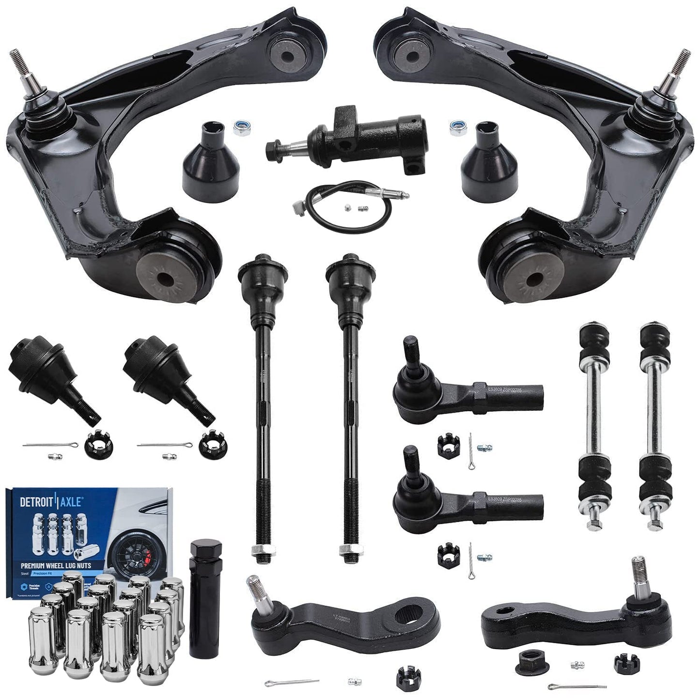 Detroit Axle - Front Upper Control Arms Ball Joints Tie Rods Sway Bars +16pc Wheel Lug Nuts w/key Replacement for Silverado Sier