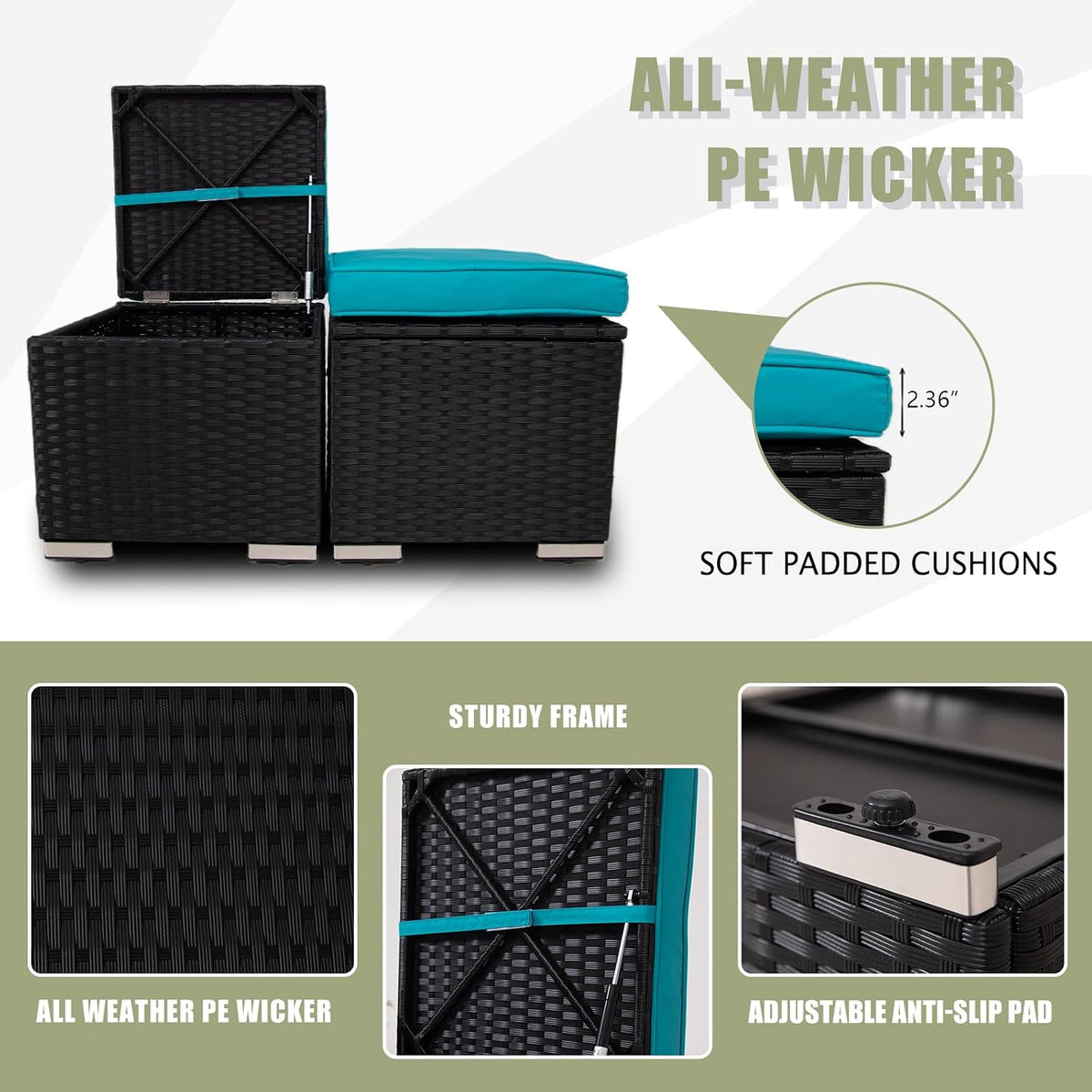 Wicker Outdoor Patio Ottoman - 2 Pack Outdoor Ottomans for Patio, Side Table with Storage, Removable Cushions Square Foot Rest Seating for Patio, Porch, Deck (Black-Blue)
