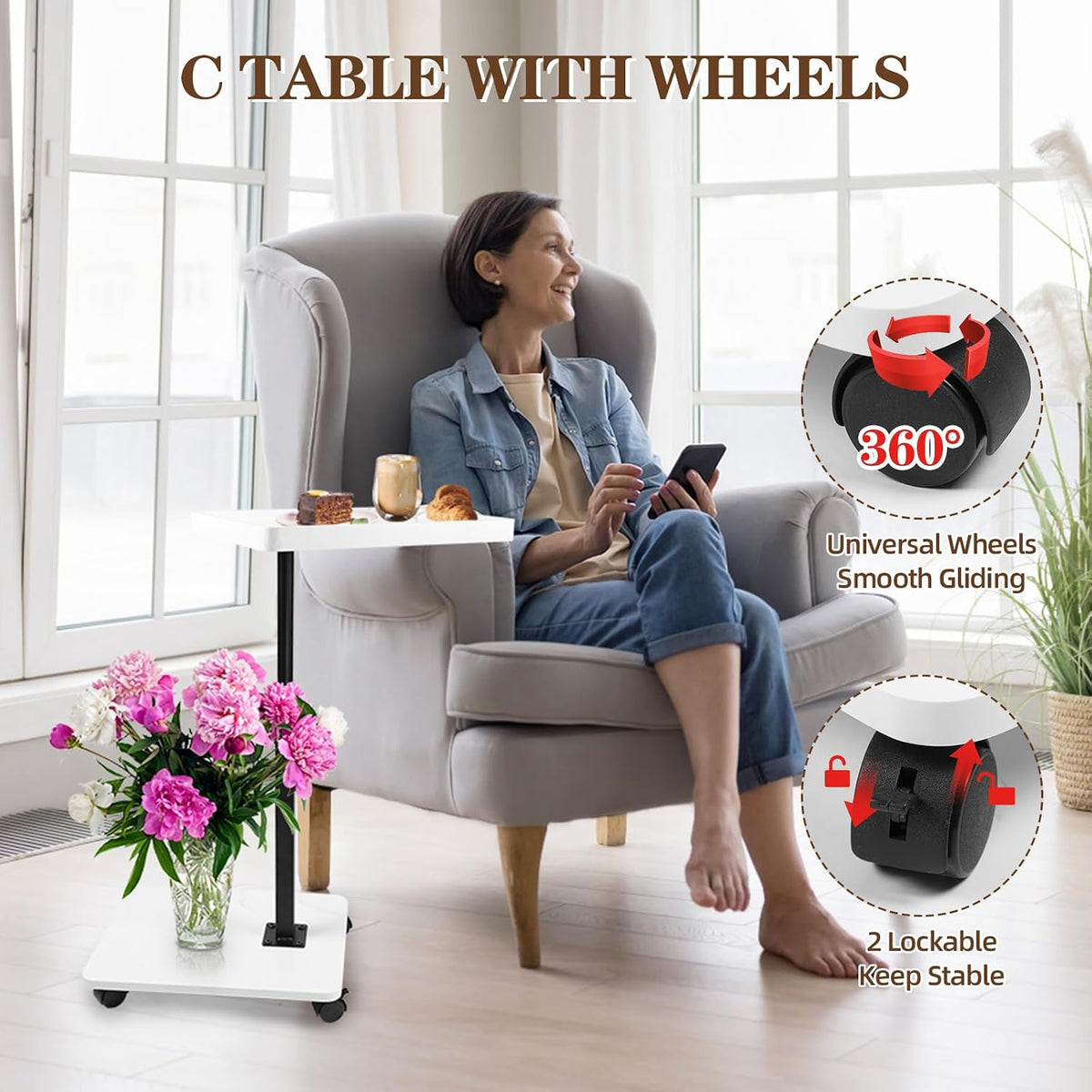 C Table Side Table End Table Adjustable Height,C Shaped End for Couch,Snack Tables,360°Swivel TV Tray Sofa Table, For Small Spaces,Side Tables living room and bedroom for Sofa, Bed,Chair(White)