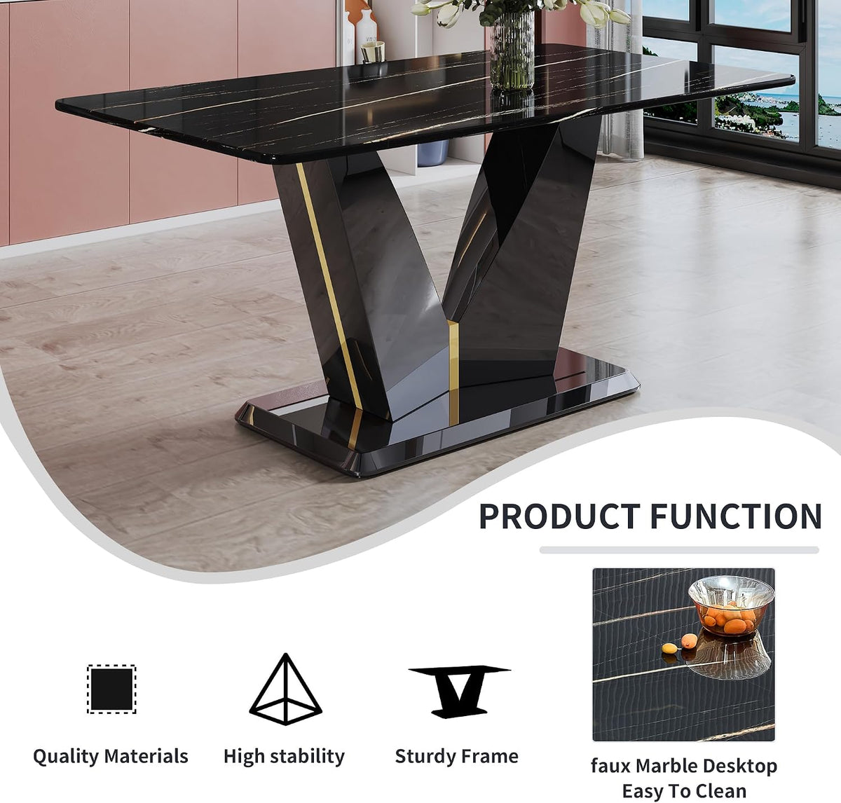 7 Pieces Modern Dining Table Set 63" Black Marble Dining Table Set for Rectangle Dining Room Table and 6 Black PU Leather Chairs for Kitchen, Office, Meeting Room, Restaurant
