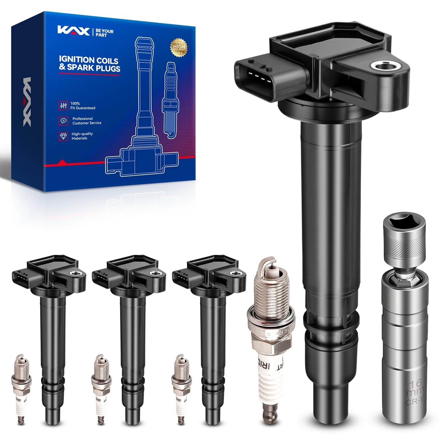 KAX OEM Performance Set of 4 Ignition Coil Pack & Iridium Spark Plugs w/Tool Compatible with Toyota Tacoma 2000-2004 2.4L, 2.7L,