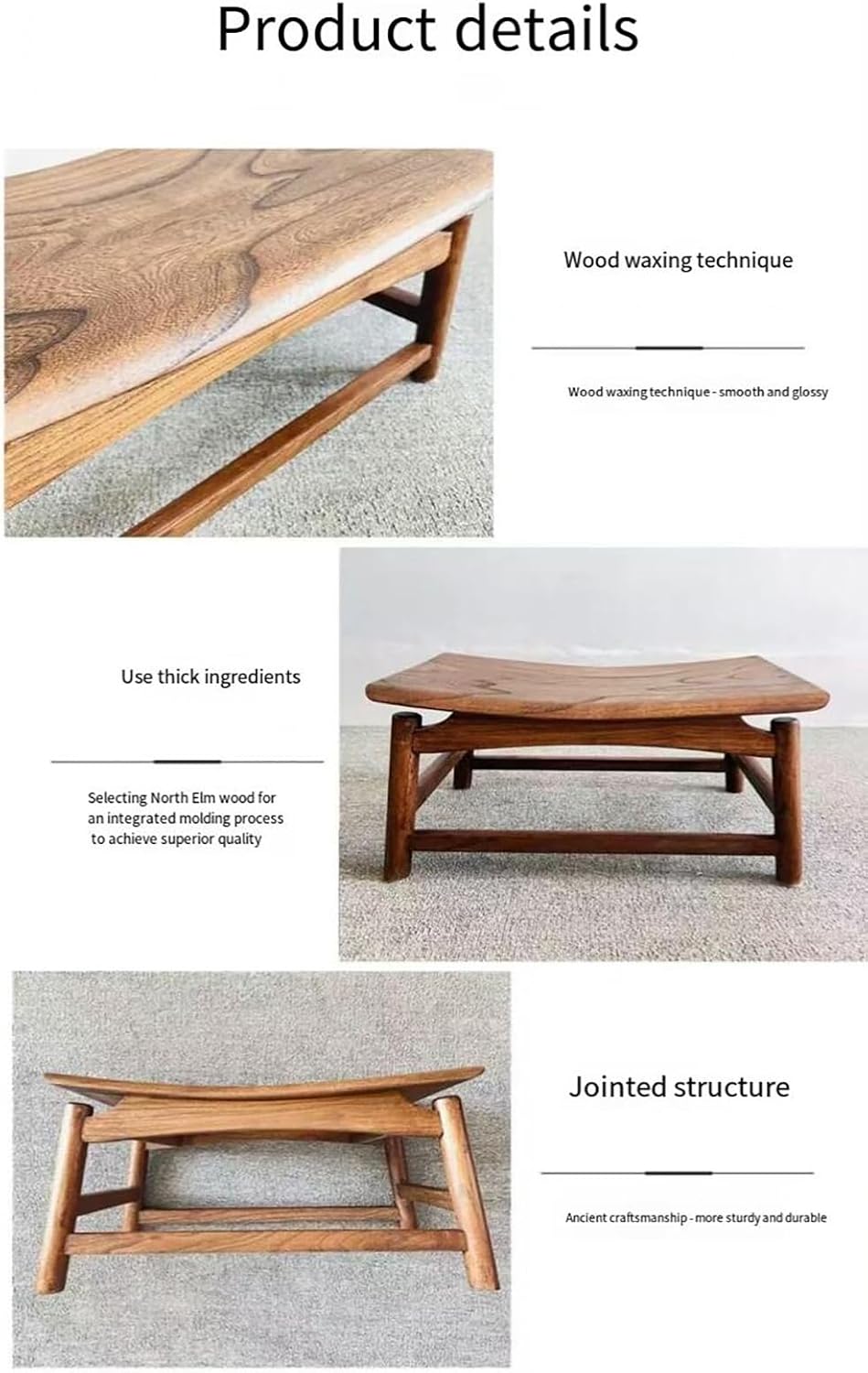 Solid North Elm Wood Shoe Changing Stool, Hand-Carved, Waxed Finish, Jointed Structure, 18.5 x 12.2 x 11.8 Inch (Walnut)