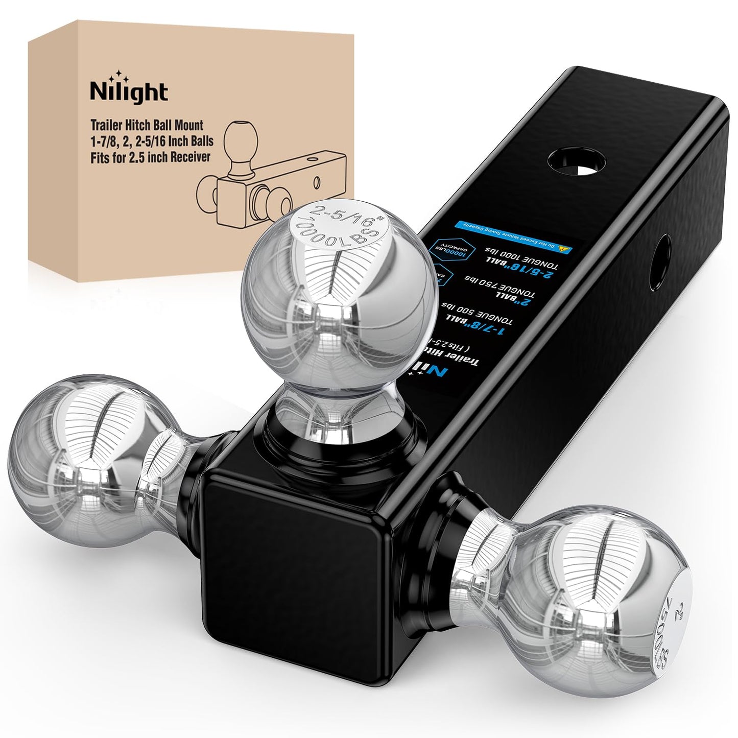 Nilight Multi-Ball Trailer Hitch Ball Mount, 1-7/8, 2, 2-5/16-Inch Balls, Triple Ball Mount fits 2-1/2-Inch Hitch Receiver, Chro