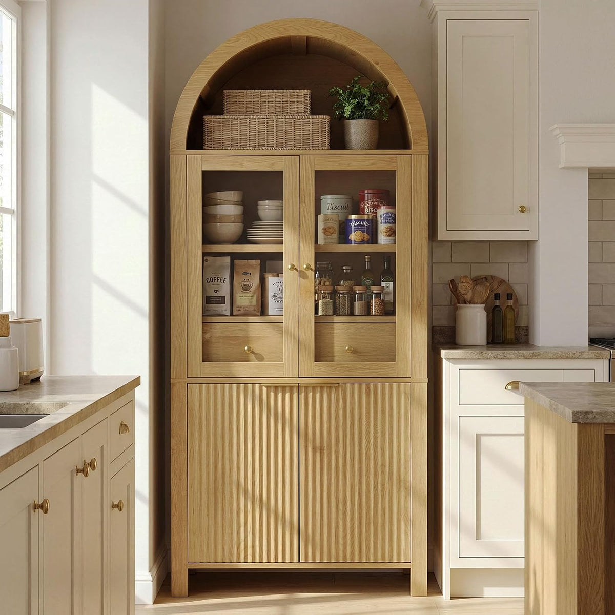 71" Fluted Tall Arched Pantry Cabinet with Glass Doors,Hutch Cabinet with Storage for Kitchen, Living Room, Dining Room, Wood Color