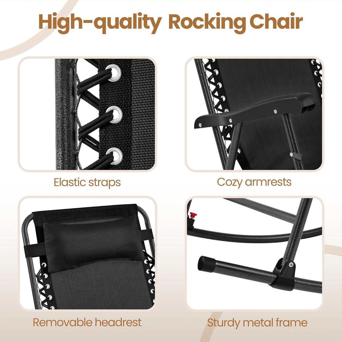 Yaheetech 26in Rocking Chair Outdoor Zero Gravity Folding Chairs Rocking Chairs Foldable Outdoor Reclining Lounge Chair for Outside Lawn with Cupholder/Pillow Ergonomic Design for Rest, Black