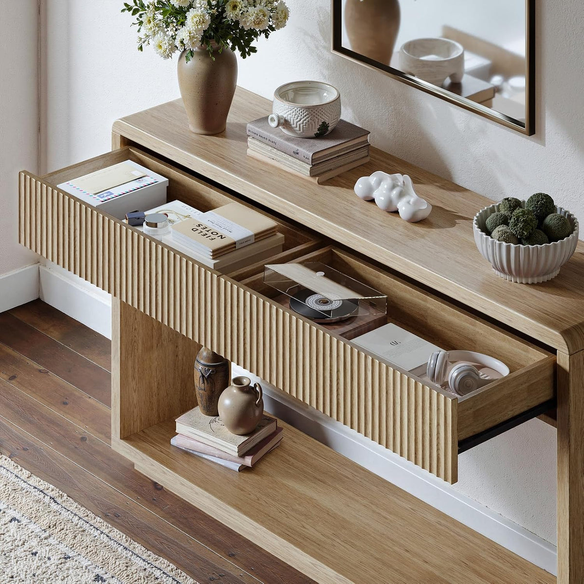 Evermagin 59'' Oak Entryway Table with Drawers, Boho Fluted Console Table, Sofa Table with Storage for Living Room, Entrance, Hallway