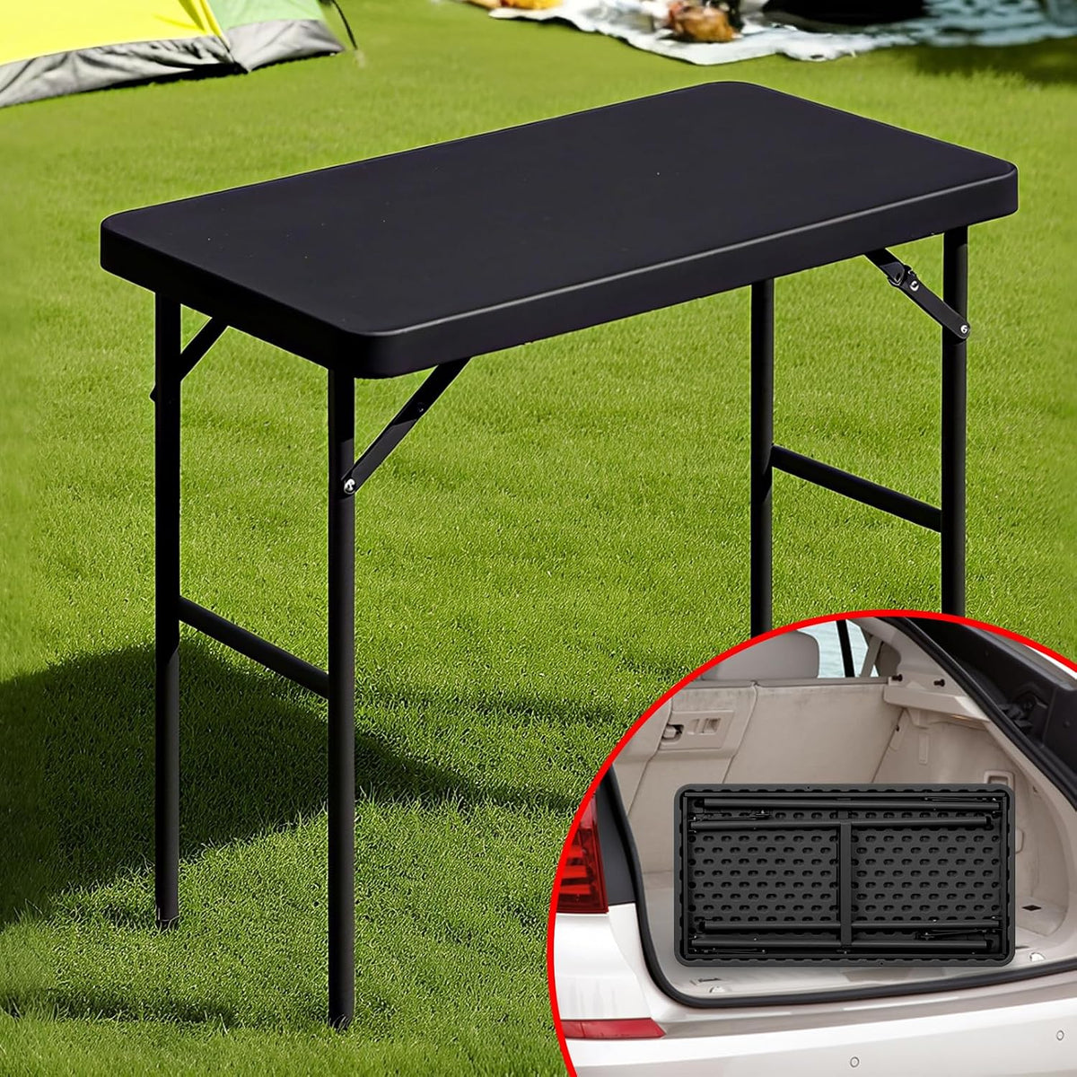 Folding Table 2.7ft Rectangular All-Occasion Plastic Folding Event Table for Indoor and Outdoor, Portable Desk, Camping, Durable and Stable, HDPE and Steel, Wide Application, Black
