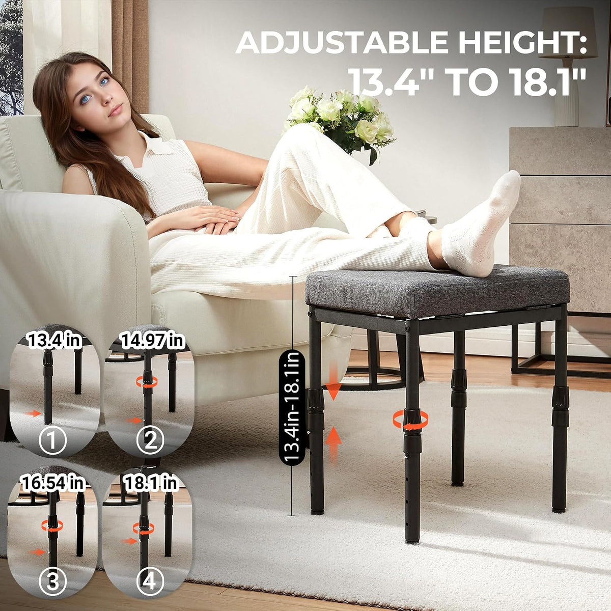 TIOPGHAD Adjustable Ottoman Pouf Footrest, 60 Degree Tilt, Carbon Gray | 4-Height, 28 Positions, Iron frame, Foam Cushion, 15.74 x 11.81 x 13.34 in, Under Desk, Living room, Home Office
