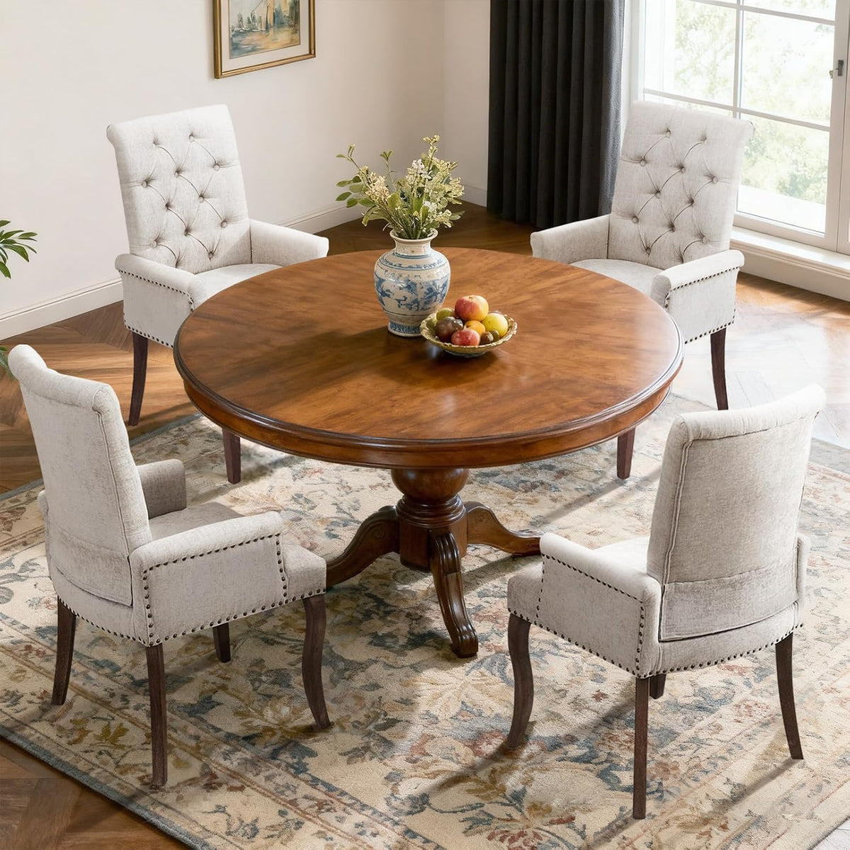 SoarFlash Chenille Dining Chairs Set of 4, Tall Back Side Chair,Modern Upholstered High-end Tufted Side Chair with Armrest, Solid Wood Leg, Beige