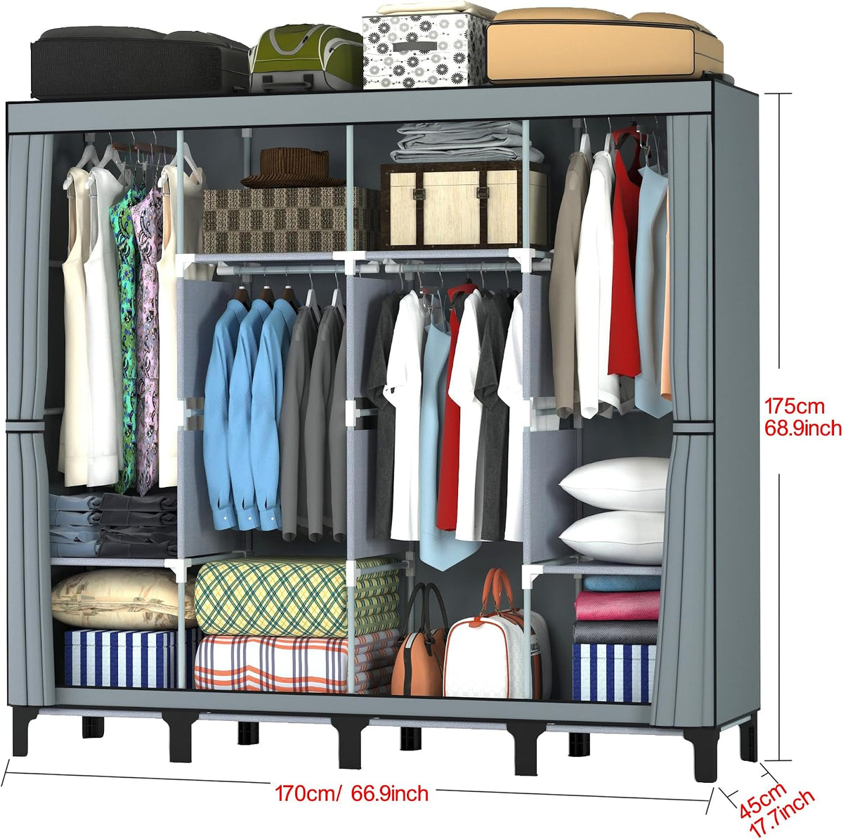 Non-Woven Wardrobe, No Tools Required, Large Capacity, Easy Assembly, Movable, Storage Rack, Waterproof, Dustproof, Stain Resistant, Black, 67.7 x 172 cm (Grey, X-Large)