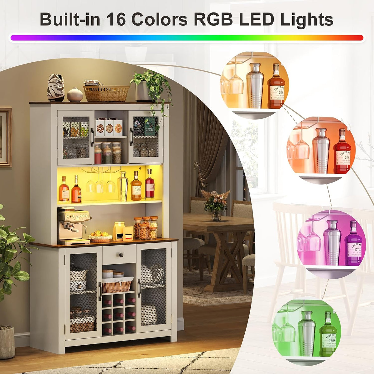 JIJIWANG 70.9" Kitchen Pantry Storage Rustic Buffet Cabinet,Kitchen Hutch Cabinet with LED Outlets Food Pantry Cabinets with Doors and Shelves Wine Rack for Dining Room,for Dining Room,White