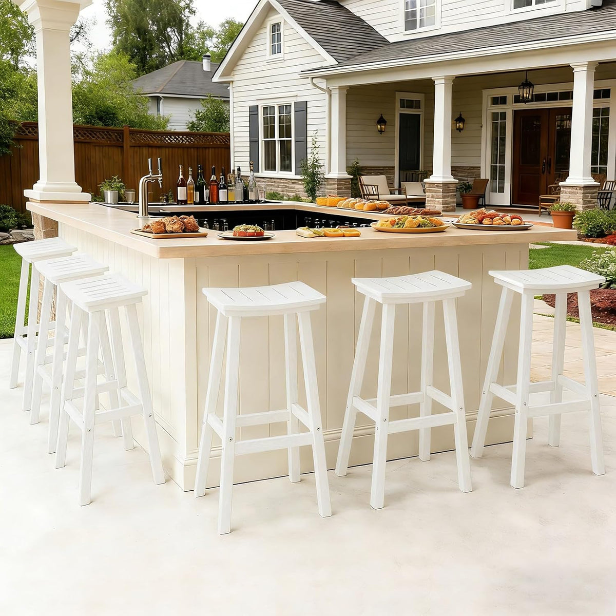 Outdoor Bar Stools Set of 6, 29 Inch All-Weather HDPE Bar Height Chairs, 500lbs Heavy Duty Patio Stools with Saddle Seat for Pub Table, Deck, Backyard(White, 6 Pcs 29")