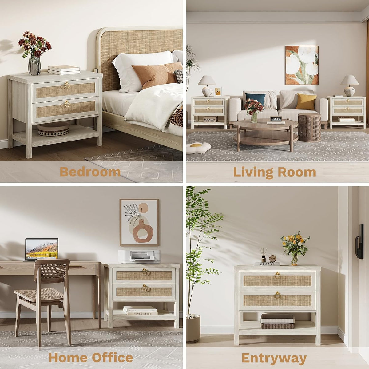 Eclatara Large Rattan Night Stand Set of 2 with 2 Drawers and Storage Shelf | Boho Nightstand White Bedside Table End Table Side Table for Bedroom(Cream White Oak,2 Pieces)