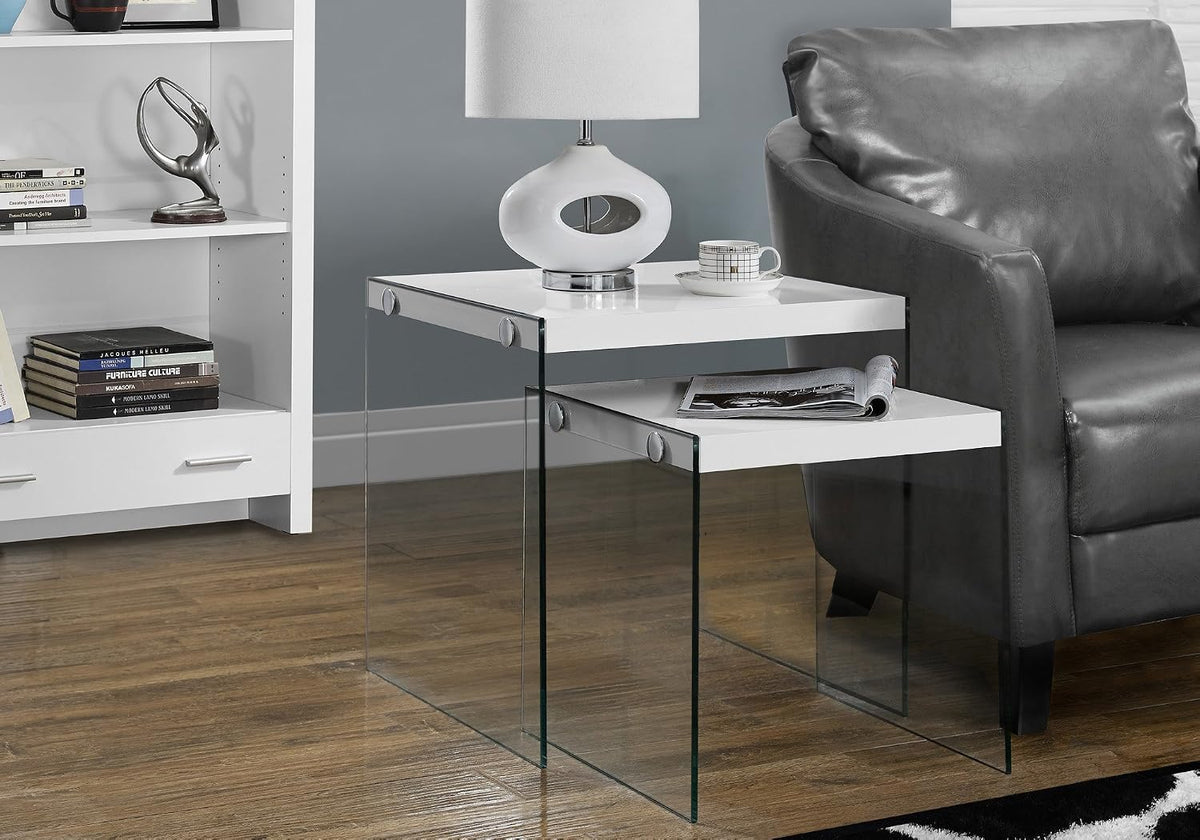 Set of 2 Square Nesting Tables with Sturdy Tempered Glass Base & Glossy White Laminate Tops – Modern Contemporary Accent Side Tables for Living Room and Bedroom Decor