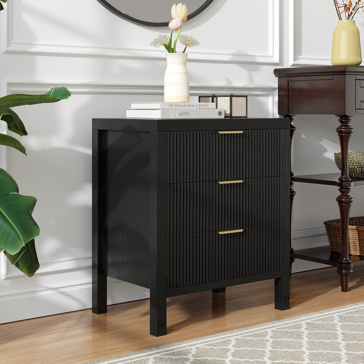 Fluted Nightstands Set of 2, Wooden Farmhouse Night Stands with 6 Drawer Bedside Table - Boho Tall End Table Accent Table for Bedroom, Living Room, (Black 2PCS)