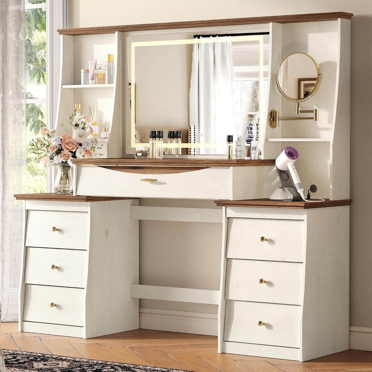 STO'SENSE Makeup Vanity Desk w/Mirror & Lights, 54" Large Vanity Table w/Glass Top, RGB Drawer, ๐๐๐ ๐ง๐ข๐๐ฒ๐ข๐ง๐ ๐๐ข๐ซ๐ซ๐จ๐ซ&Power Outlet,Make up Desk w/3 Shelves&7 Drawers,Dressing Table,White