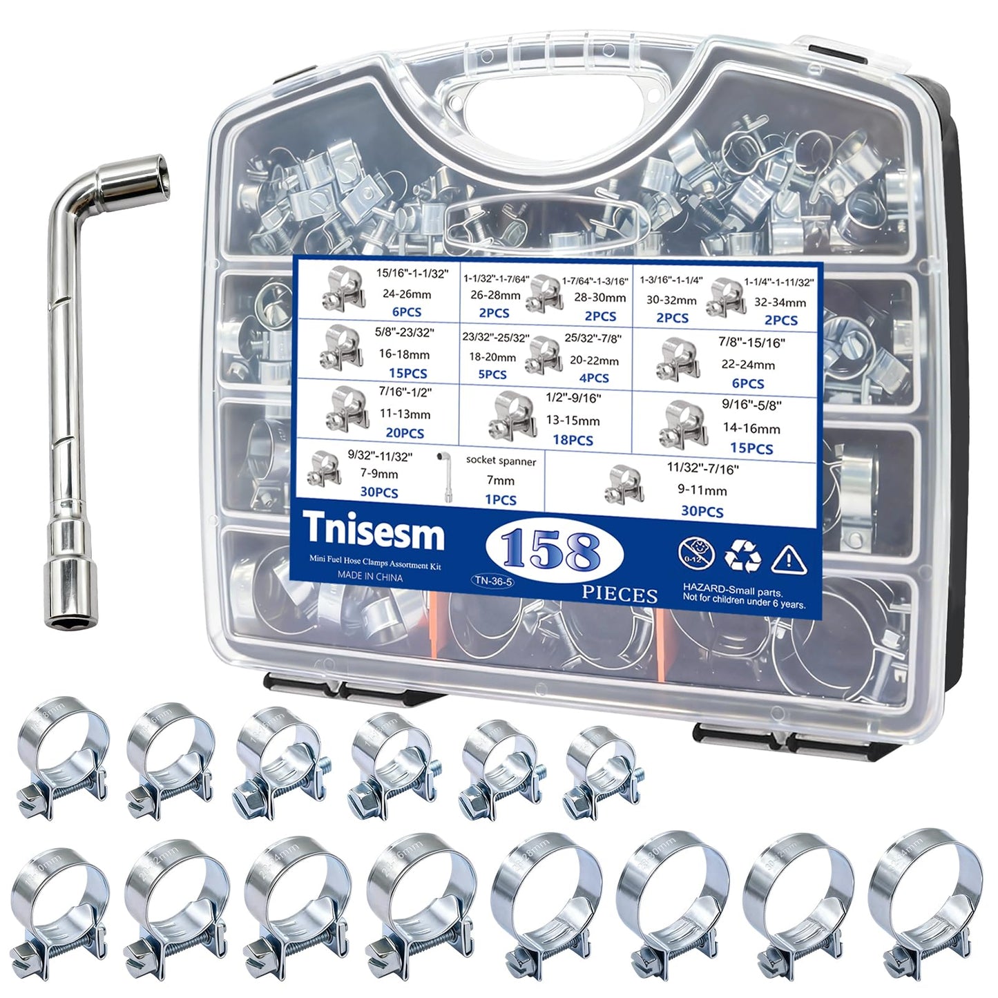 Tnisesm 158Pcs Mini Fuel Injection Hose Clamps Adjustable 7-34mm 14 Sizes Fuel Line Clamps Assortment Kit,Hoses Clamps Sleeving,