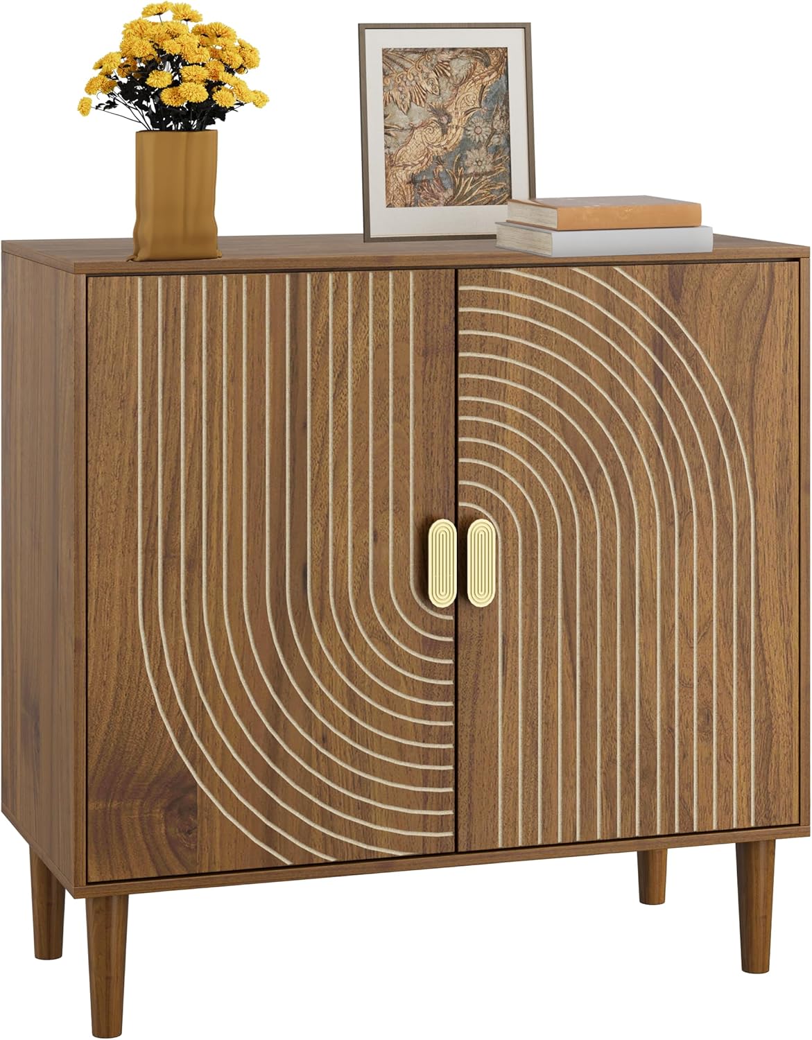 Smuxee Walnut Sideboard Cabinet, Freestanding Buffet Cabinet with Line Groove Design, Wood Storage Cabinet with Adjustable Shelf for Living Room, Entryway, Hallway
