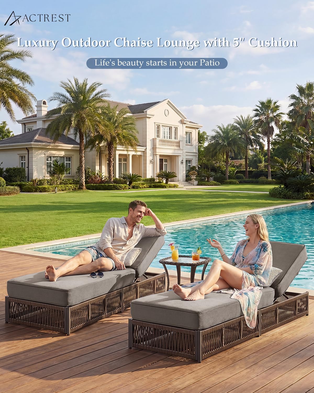 Luxury Outdoor Chaise Lounge Chairs of 2 with 5 Inch Thick Cushions and Side Table - 3 PCS High Back Brown Wicker Rattan Patio Recliners Lounger Furniture Set for Poolside Sunbathing - Grey