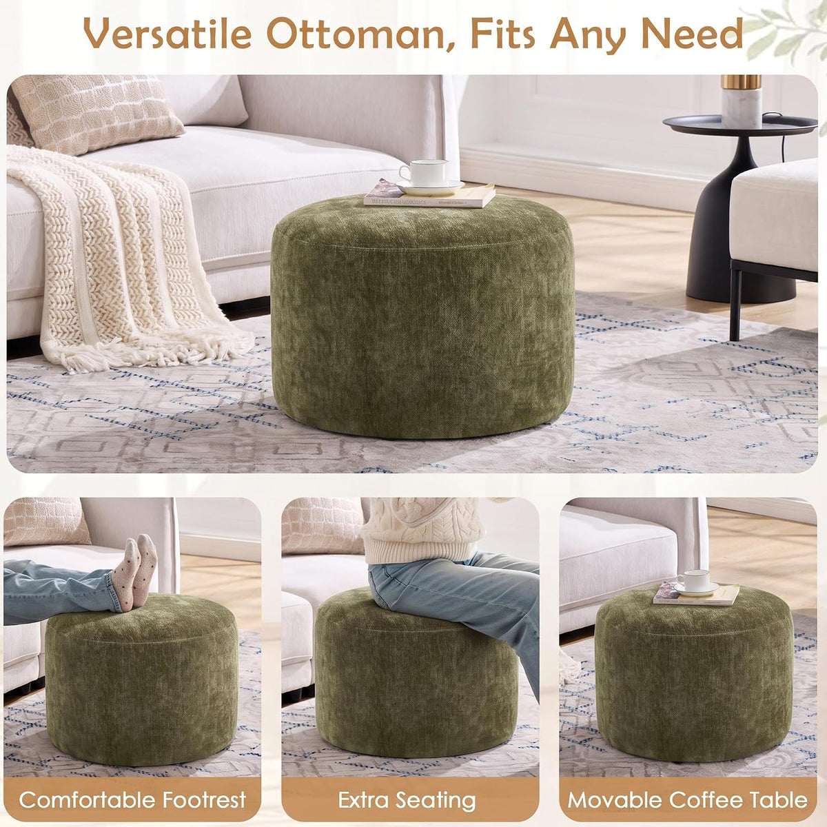 Upholstered Round Green Pouf Ottoman, Modern Footstool | Chenille Footrest with Soft Padded Seat & Wood Frame, Sage Green Ottoman, Accent Vanity Stool for Living Room and Bedroom