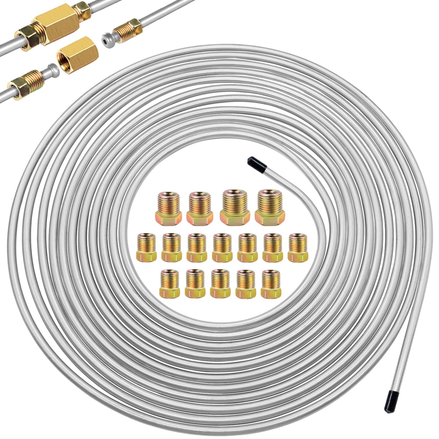 Eoppen 1/4Inch x 25 ft Brake Line Tubing Kit Flexible Zinc Coated Alloy Brake Line Tubing Coil with 16 Inverted Flare Fittings S