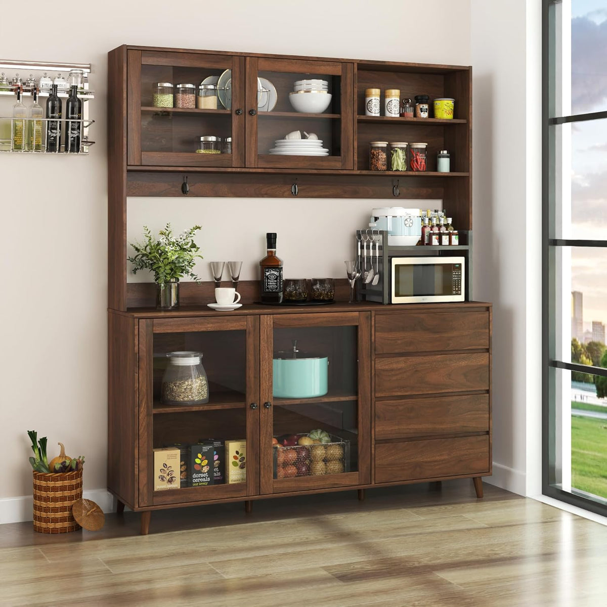 Dancongtea 63" Wide Large Kitchen Hutch Cabinet – Freestanding Pantry Storage with 4 Doors, 4 Drawers & Microwave Shelf – Walnut Finish for Kitchen, Dining Room, Pantry Organization
