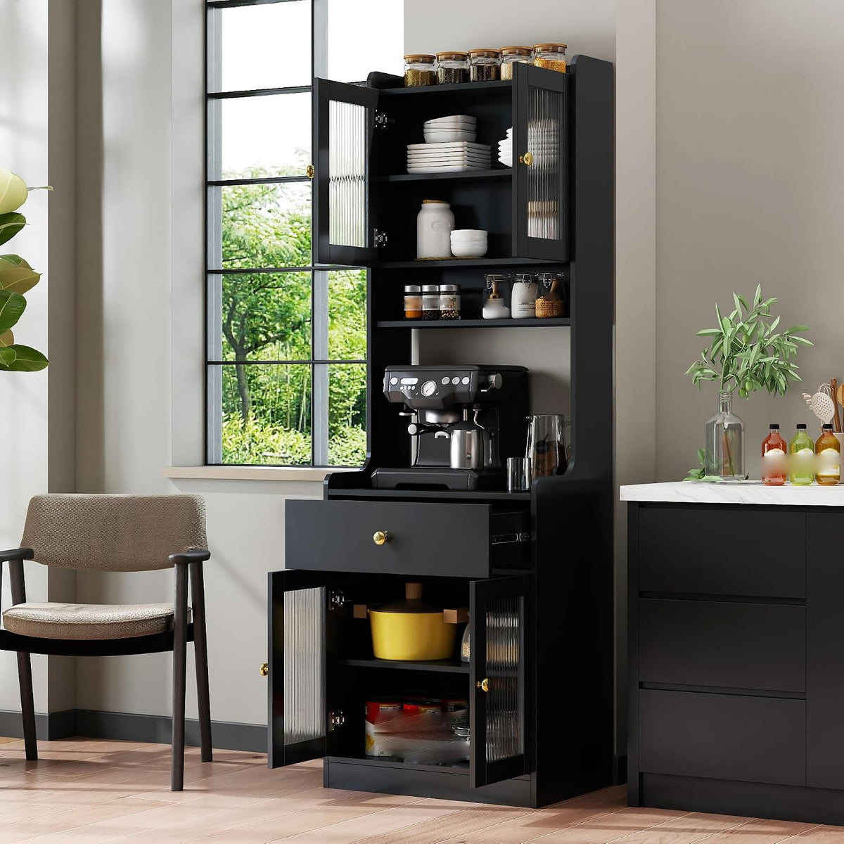 Black Kitchen Pantry Hutch Storage Cabinet, Farmhouse Buffet Sideboard with Microwave Stand Freestanding Coffee Bar Cabinet for Kitchen, 70.9” Tall