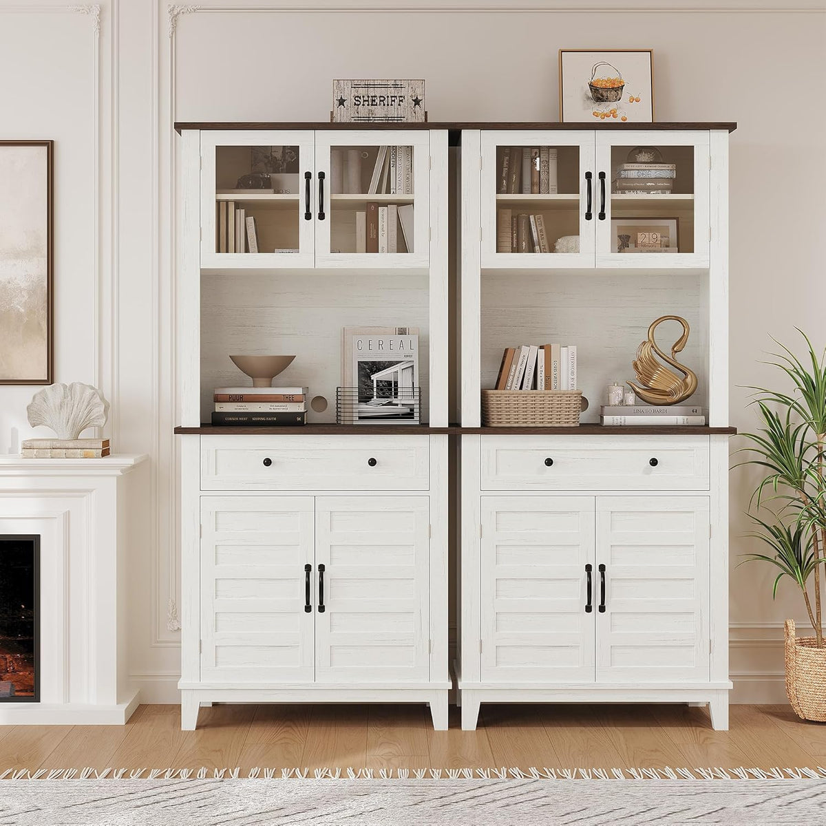 Garvee 72 in Tall Kitchen Pantry Cabinet, Kitchen Hutch Bar Cabinet with Microwave Stand, Cupboard with Drawers Glass Doors for Dining Room, Living Room, White