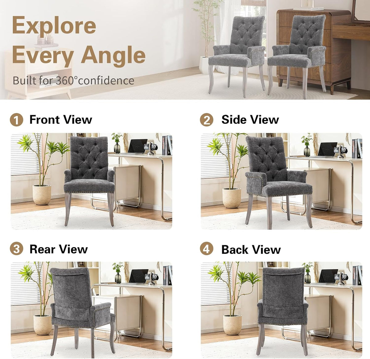 cinkehome Upholstered Dining Chairs, Dining Room Kitchen Chair with Armrest and Solid Wood Leg, Mid Century Modern Side Chairs (Gray, Chenille)