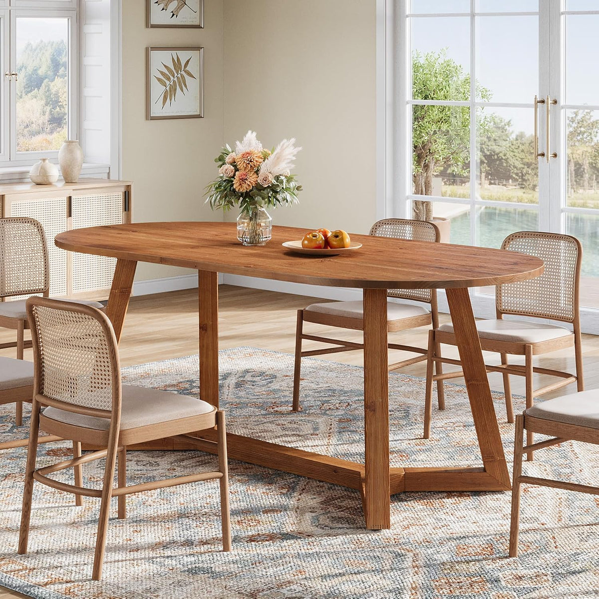 63" Solid Wood Oval Dining Table, Farmhouse Kitchen Table for 4-6 People, Rusitc Wood Dinner Table with Sturdy Base for Living Room, Dining Room, Apartment (Natural Brown)